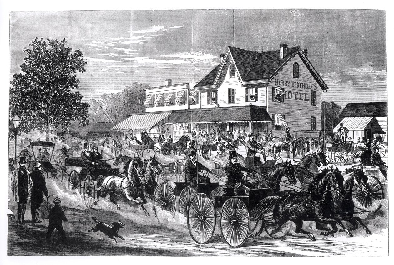 Gatubild i New York, illustration från New York på 1800-talet av American School