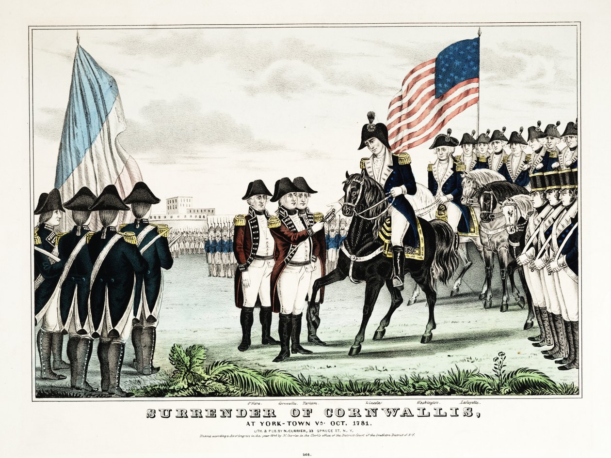 Cornwallis kapitulation i York Town, VA, oktober 1781, publ. Currier  Ives av American School