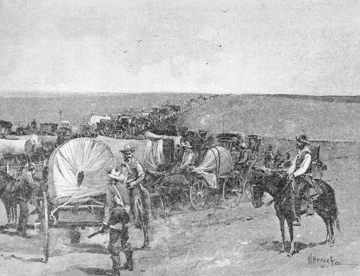 Tio minuter före det stora ruset, på södra linjen av Indian School Reserve, nära Arkansas City, 16 september 1893 (gravyr) (bw foto) av American School
