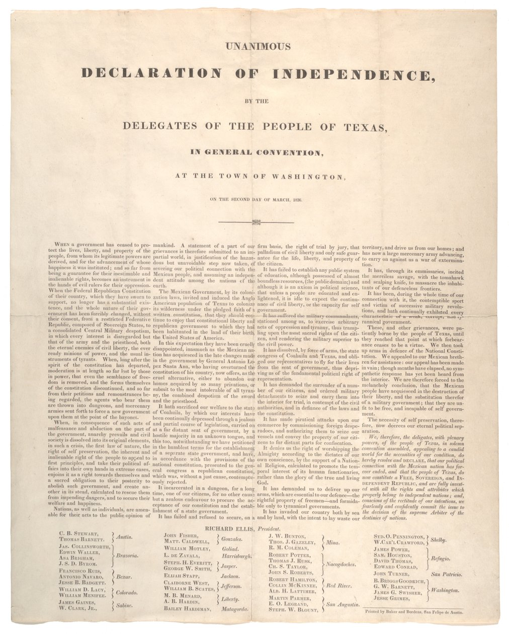 Texas Declaration of Independence: Enhällig självständighetsförklaring, tryckt av Baker och Bordens, 2 mars 1836 av American School