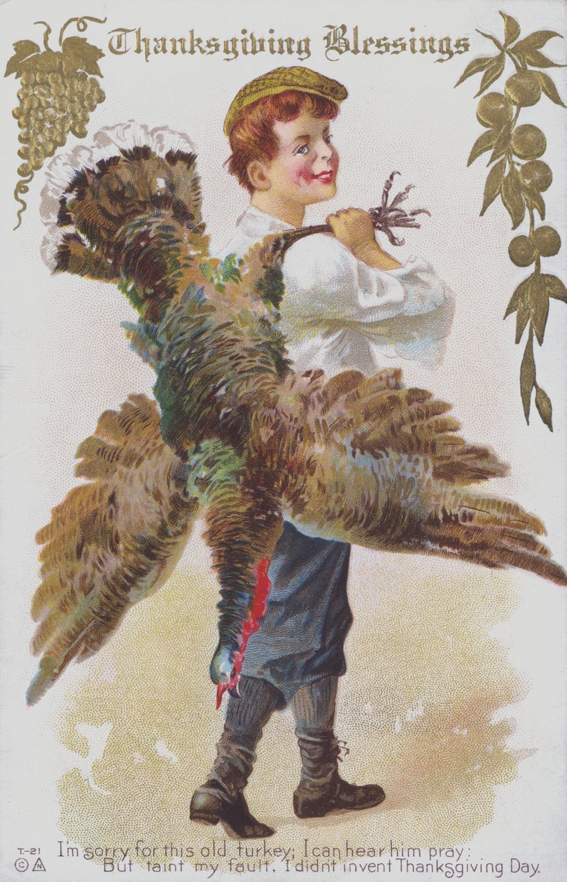 Thanksgiving-kort föreställande en man med en kalkon. (chromolitho) av American School