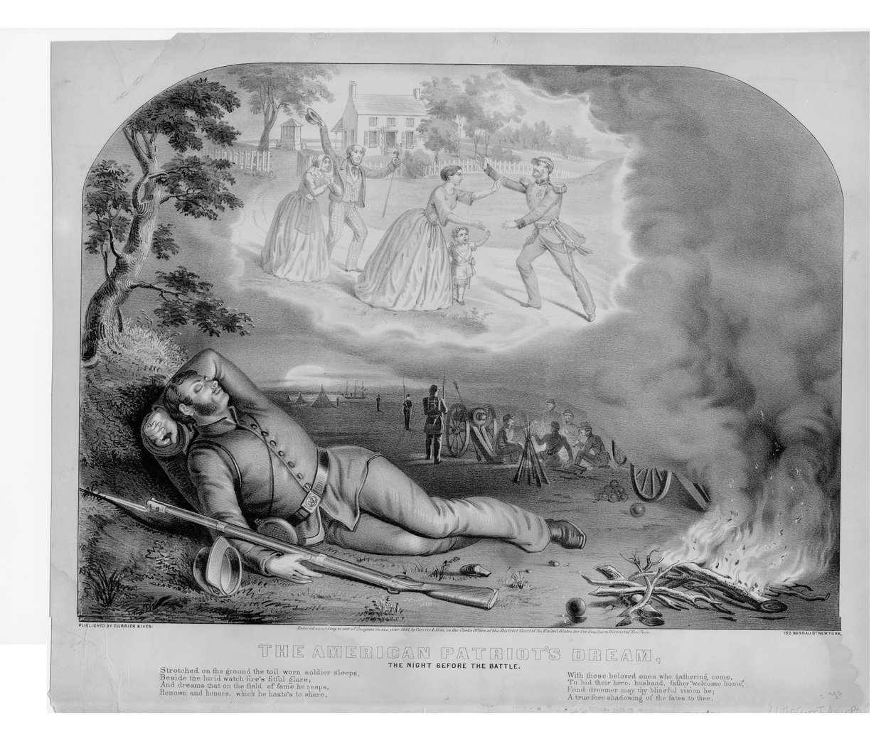 De amerikanska patrioterna drömmer, natten före slaget, pub. av Currier & Ives, 1861 av American School