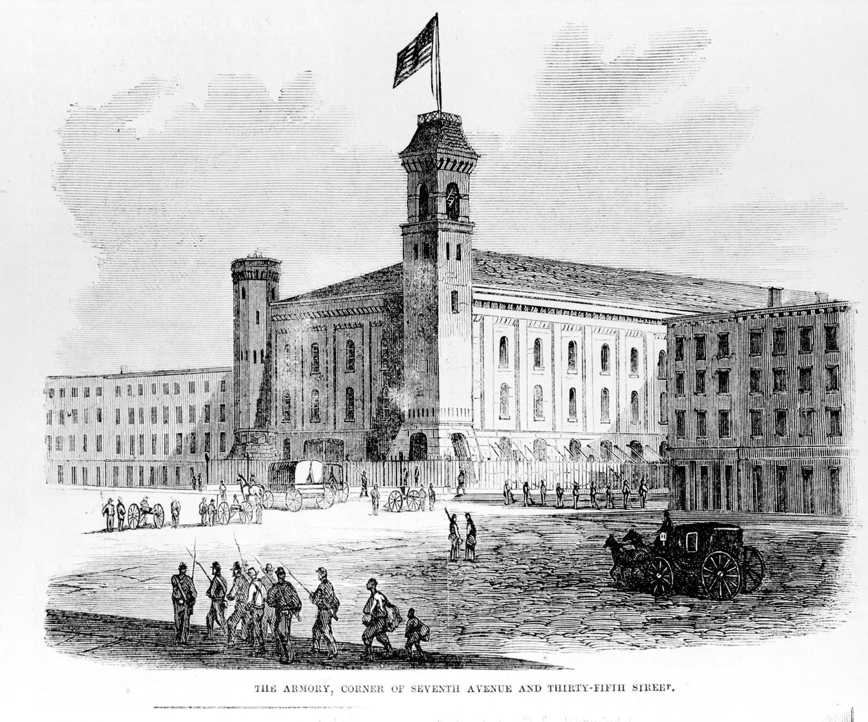 The Armory, Corner of Seventh Avenue och Thirty-Fifth Street, scen från Draft Riots i New York City, 1863 av American School