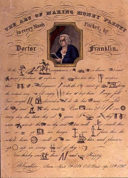 Konsten att tjäna mycket pengar i varje mans ficka av doktor Franklin, pub. av Currier och Ives, New York (färg litho) av American School