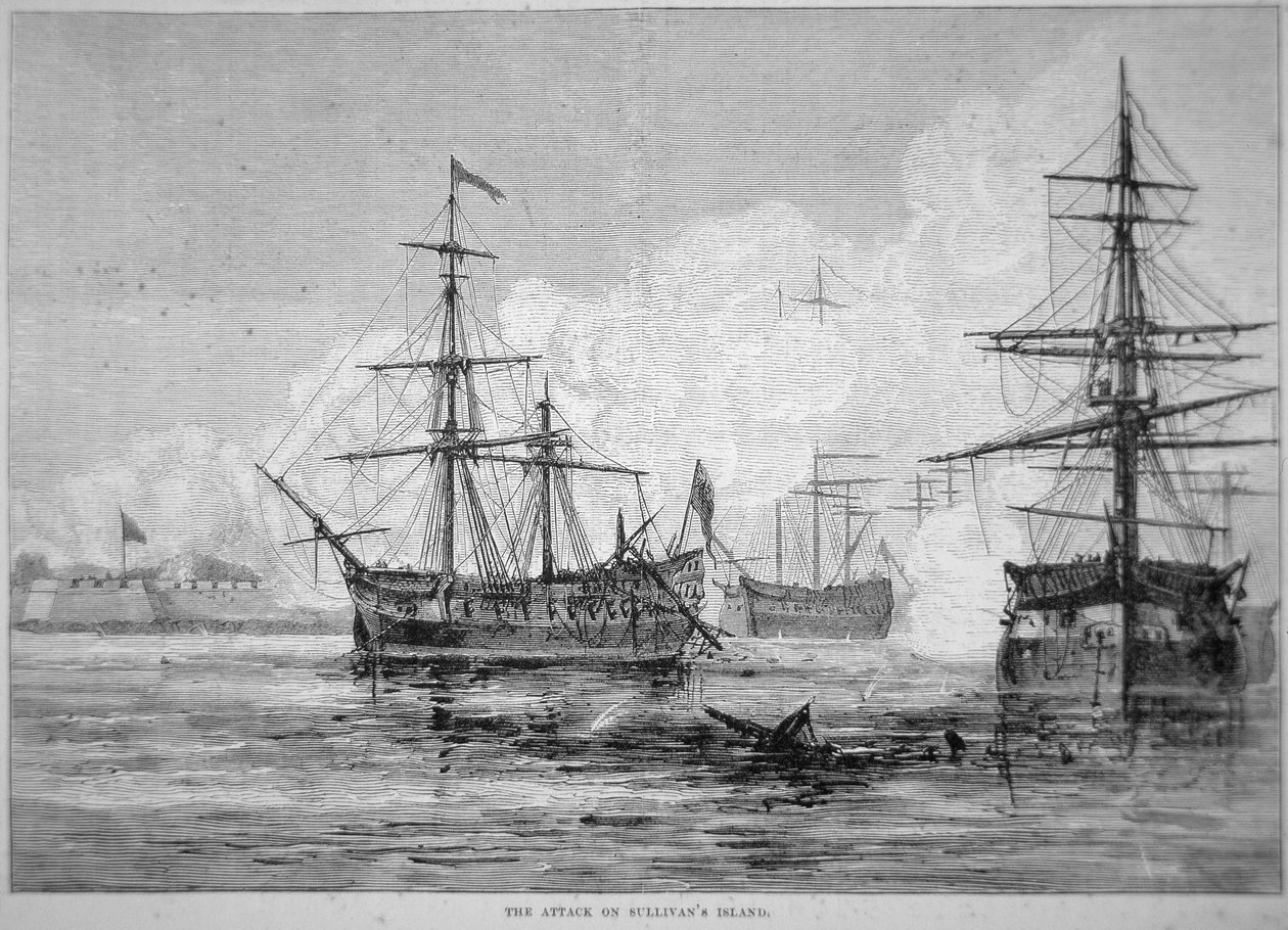 Attacken på Sullivans Island, 28 juni 1776 (litho) av American School
