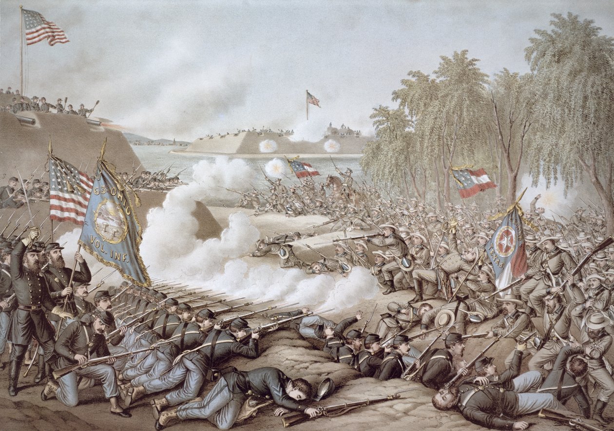 Slaget vid Korinth, 3-4 oktober 1862, visar flaggor från norr och söder, av Kurz & Allison (färg litho) av American School