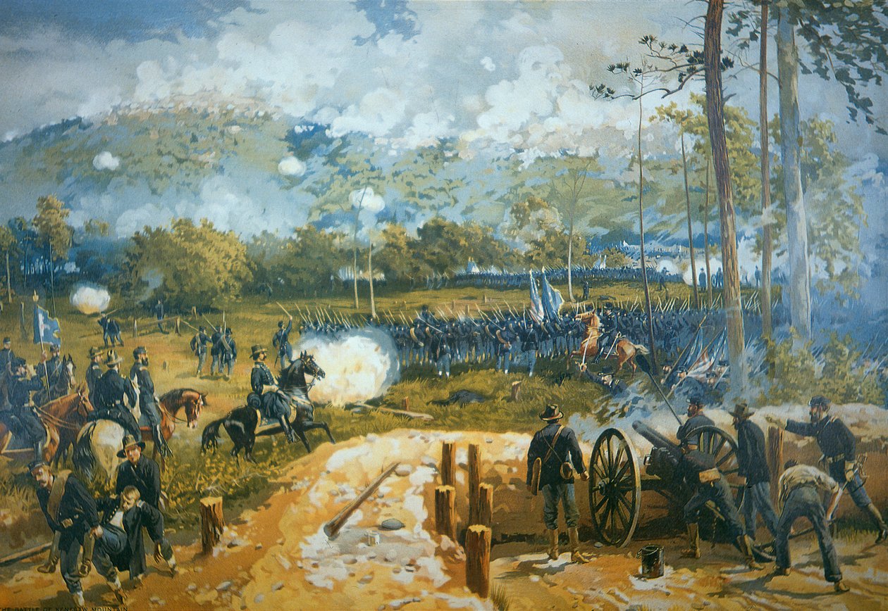 Slaget vid Kenesaw Mountain, 27 juni 1864 (färg litho) av American School