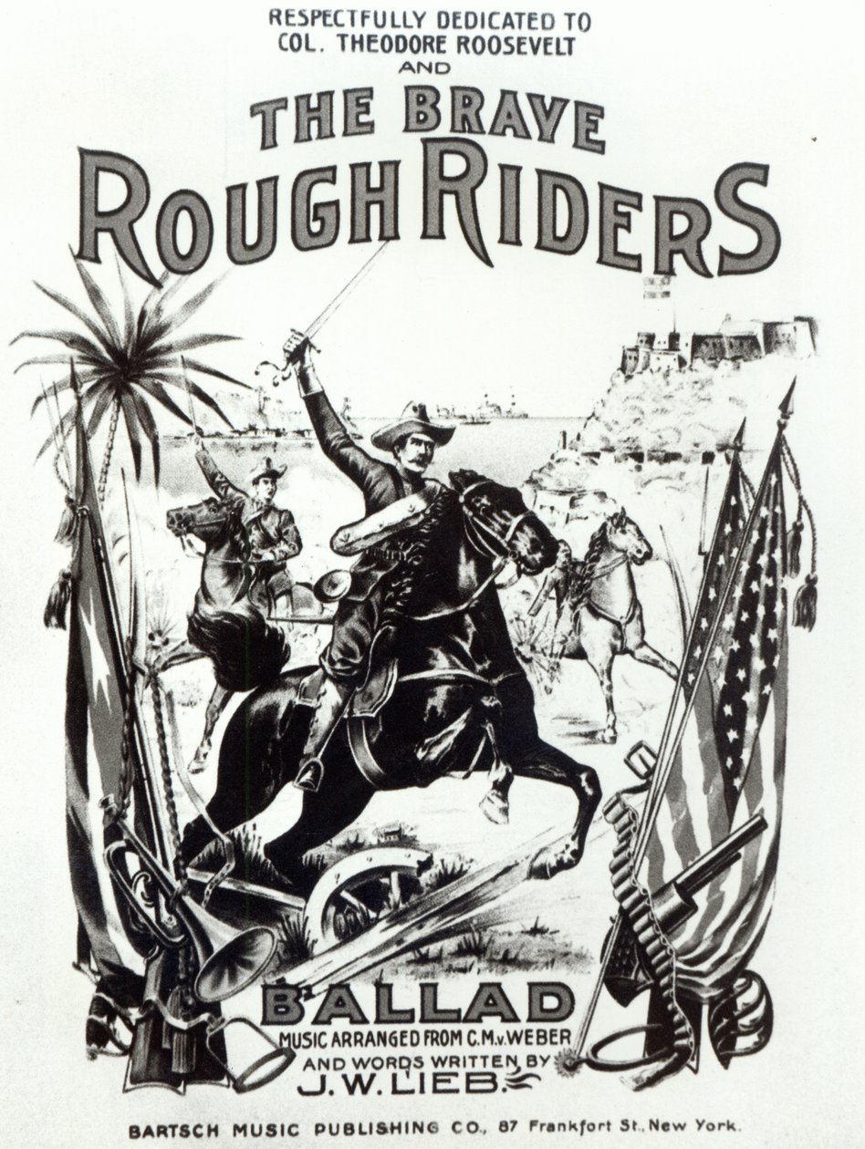 "The Brave Rough Riders", omslag till sångblad, tryckt av Bartsch Music Publishing Co, New York av American School