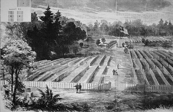 Begravningsplatsen vid krigsfångelägret i Andersonville (litho) av American School