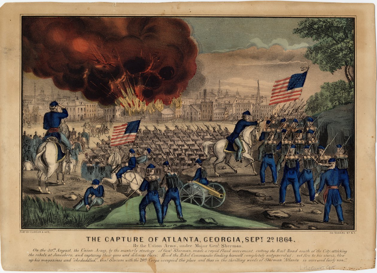 The Capture of Atlanta, Georgia, 2 september 1864, pub. av Currier & Ives, ca 1864 av American School