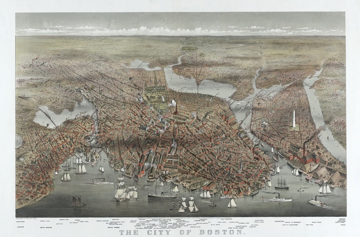 Staden Boston, pub. 1873 (färglitografi) av American School