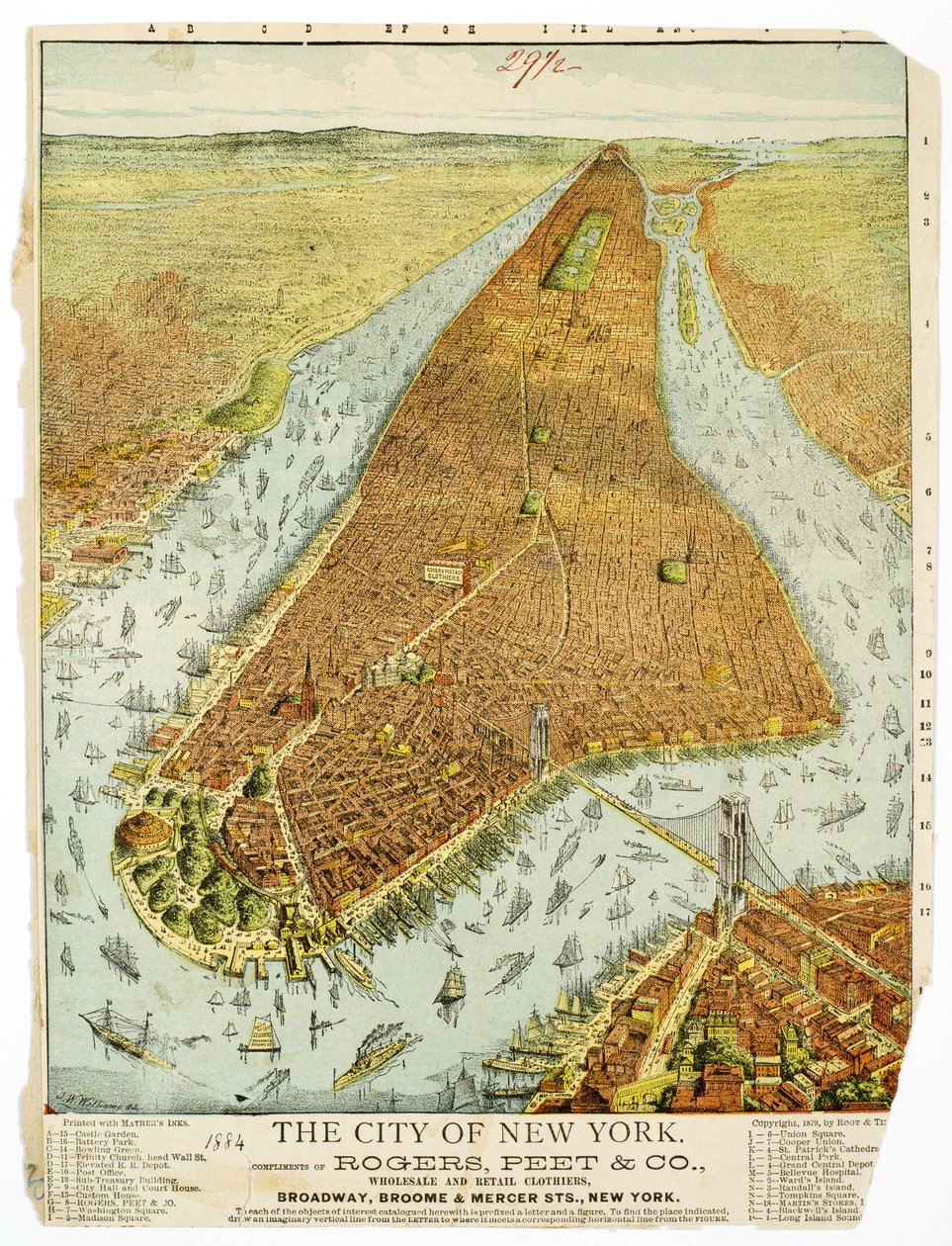 The City of New York, komplimanger från Rogers, Peet & Co., Wholesale and Retail Clothiers, Broadway, Broome & Mercer Sts., NY. av American School