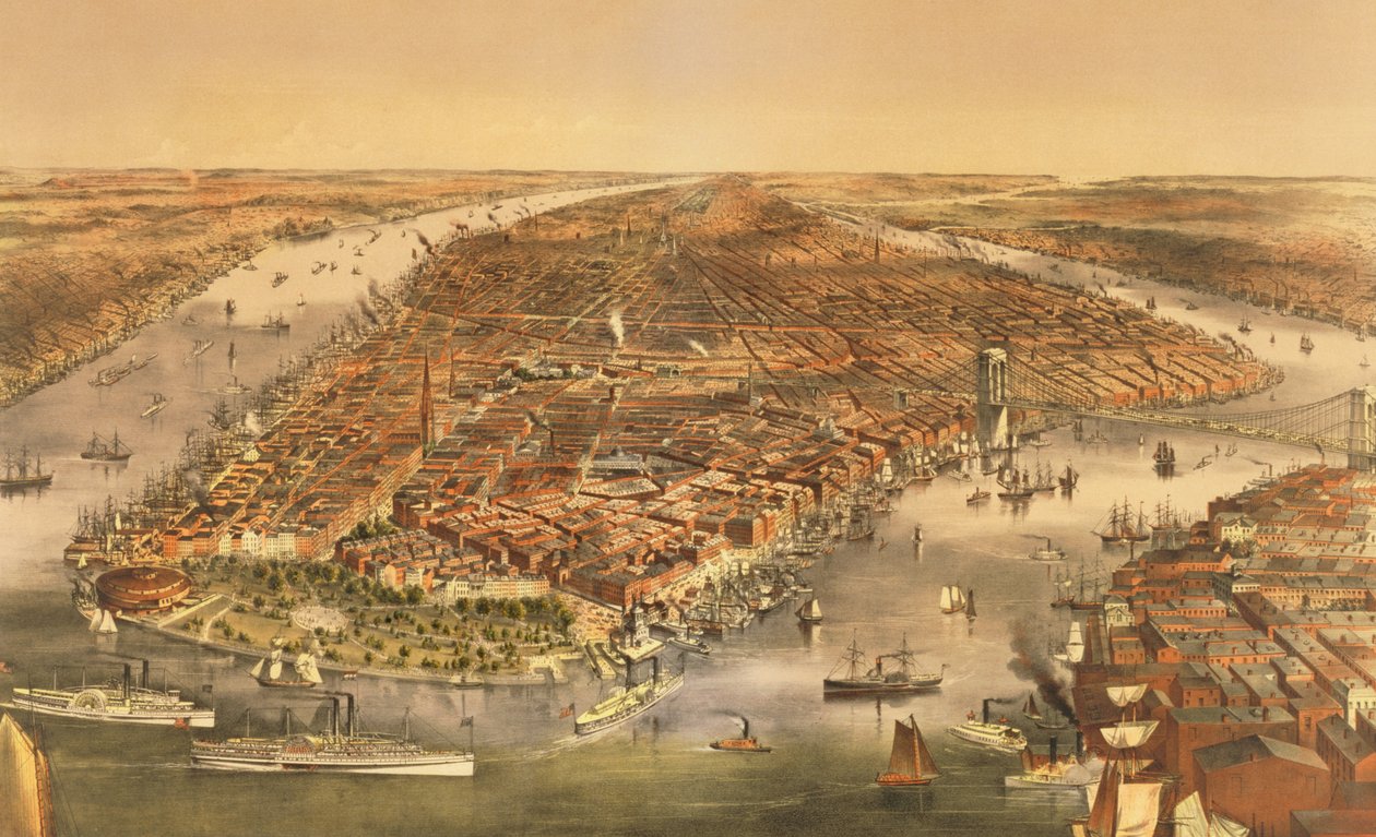 Staden New York, pub. av Currier och Ives, 1870 av American School