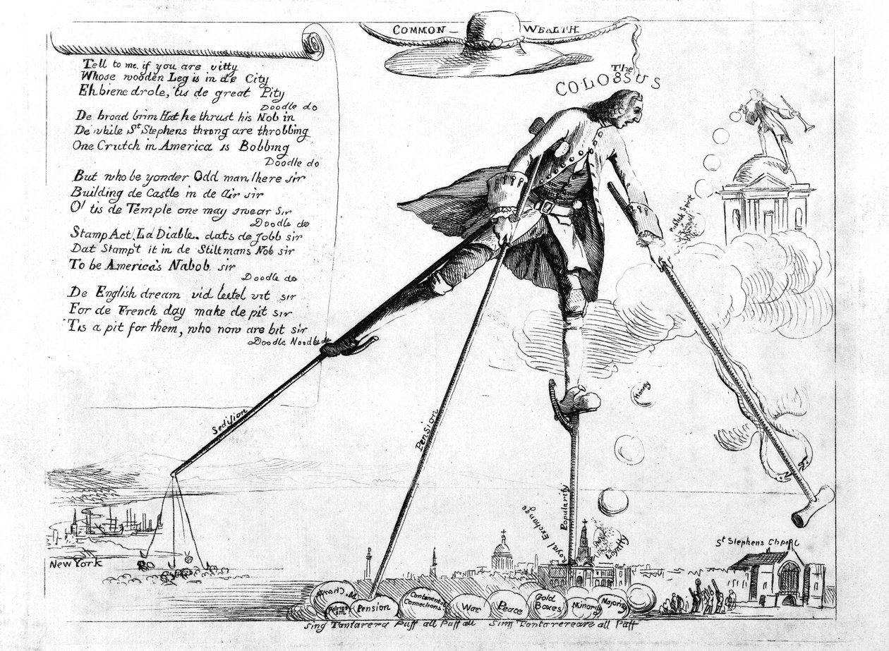 Kolossen, karikatyr av upphävandet av stämpellagen, c.1765 av American School