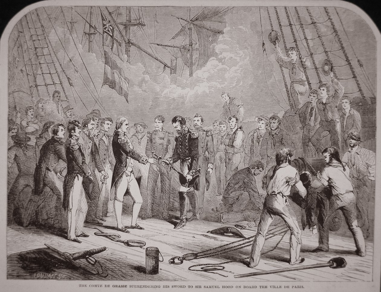 Comte de Grasse överlämnar sitt svärd till Samuel Hood på "Ville de Paris" av American School