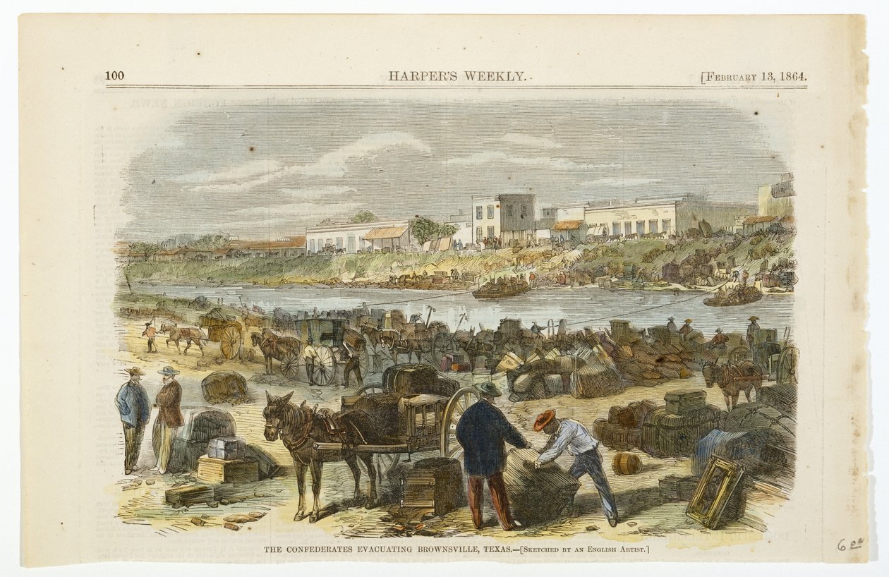 Konfederationen evakuerar Brownsville, Texas, ca. 1864 (handfärgad litografi på vävt trämassapapper) av American School