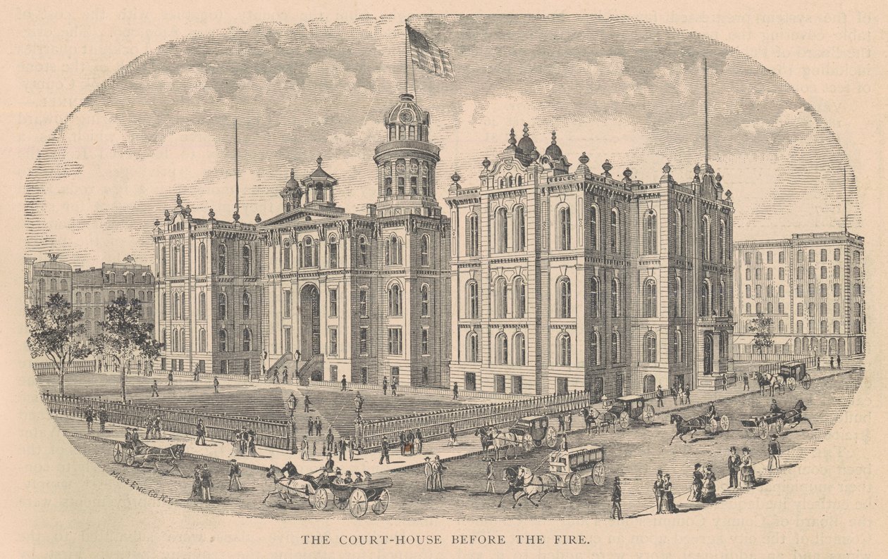The Court-House before the Fire, tryckt av Moss Engraving Co., New York, illustration från History of Chicago vol. 2 av Alfred Theodore Andreas, publicerad 1885 av American School