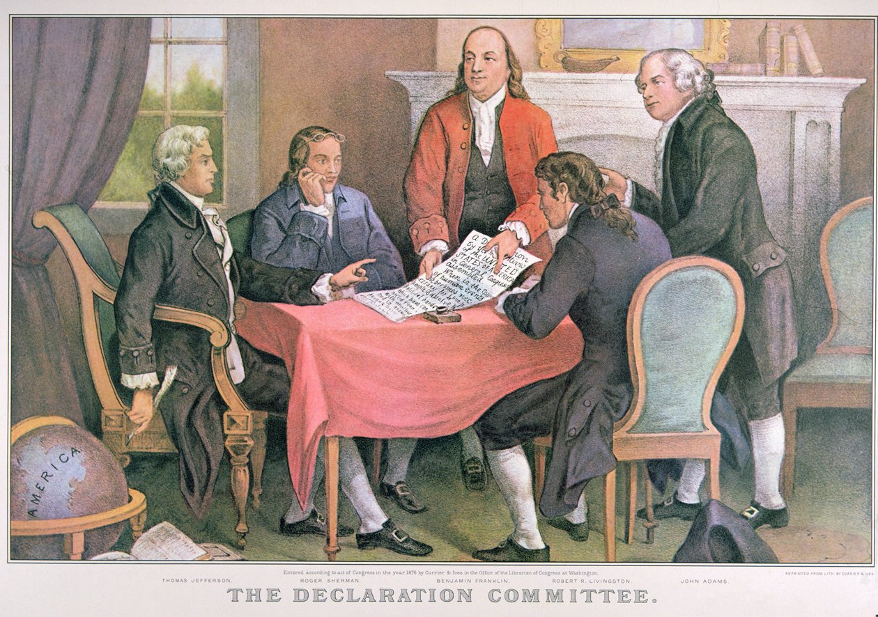 Deklarationskommittén, publicerad av Currier & Ives, New York (färg litho) av American School
