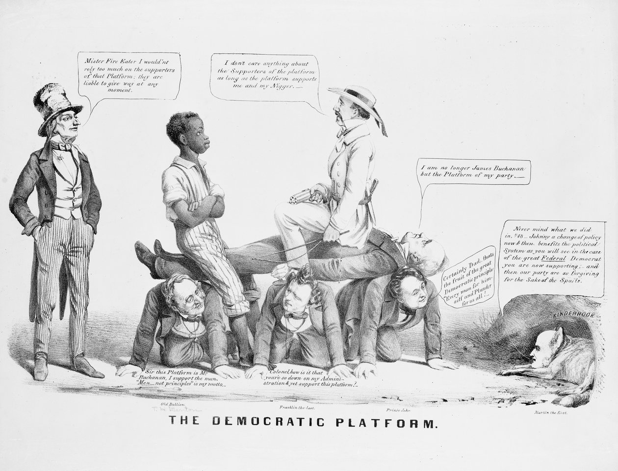 "The Democratic Platform" politisk tecknad film som kommenterar det demokratiska partiets ställning i slaveri, ca 1856 av American School