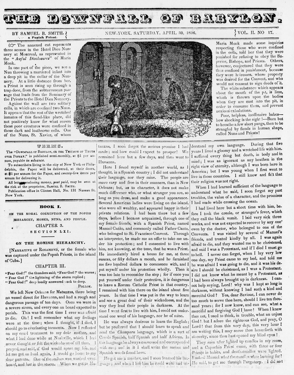 The Downfall of Babylon, illustration från en anti-katolsk broschyr som visar en nunna som kastar ett mördat spädbarn i en grop, 1836 (tidningspapper) av American School