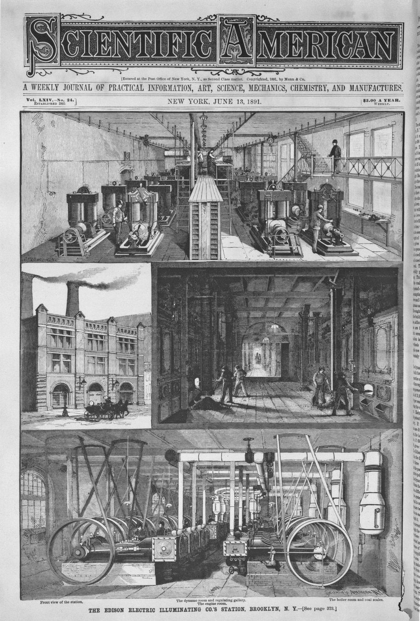 Edison Electric Illuminating Cos Station, illustration från Scientific American, 1891 av American School