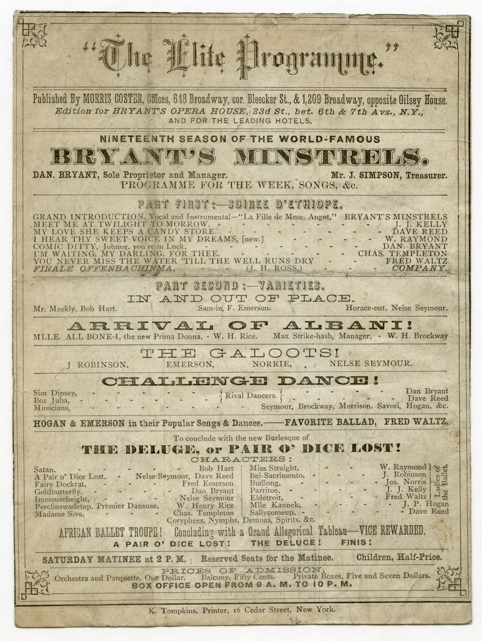 Elitprogrammet för Bryants Opera House, publicerat av Morris Coster av American School