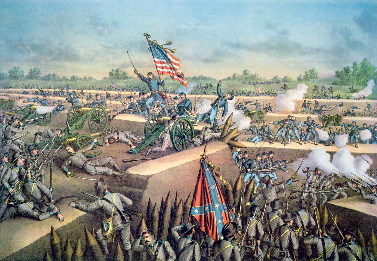 Petersburgs fall till unionsarmén, 2 april 1965, graverad av Kurz & Allison av American School