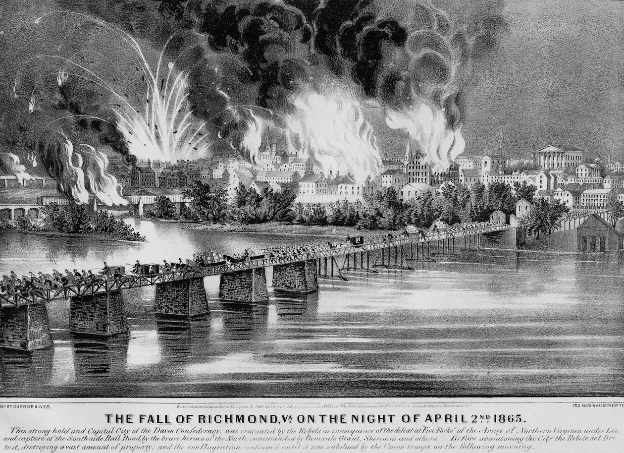 The Fall of Richmond, Va. natten till den 2 april 1865, pub. av Currier & Ives, 1865 av American School