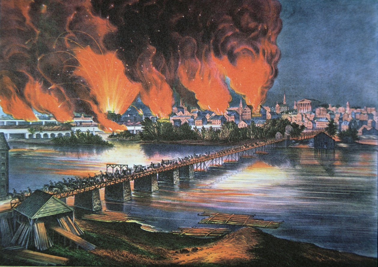 Fallet i Richmond, Virginia, natten till den 2 april 1865 (färg litho) av American School