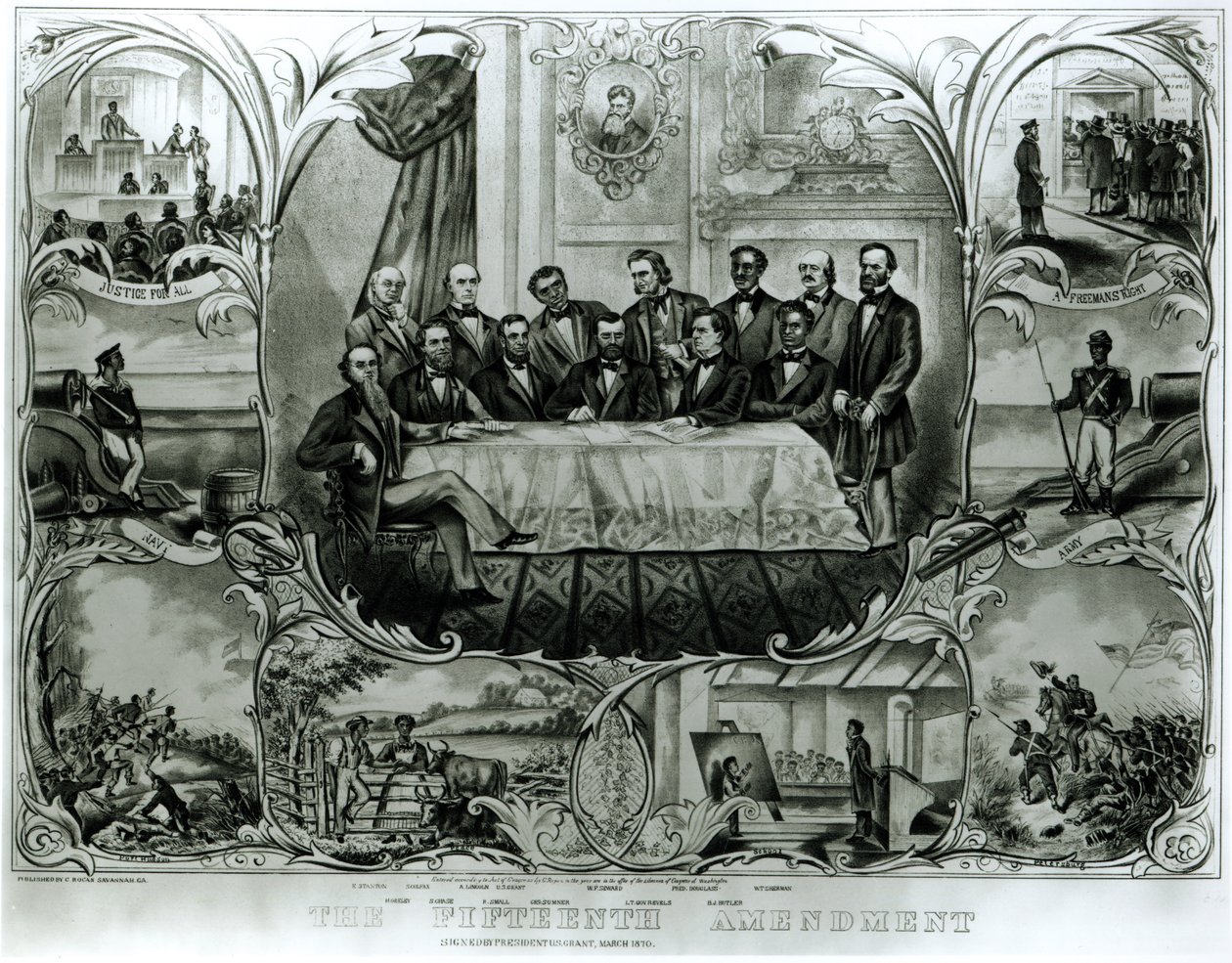 Det femtonde tillägget, undertecknat av president Ulysses S. Grant (1822-85) mars 1870 (litho) (svartvitt foto) av American School