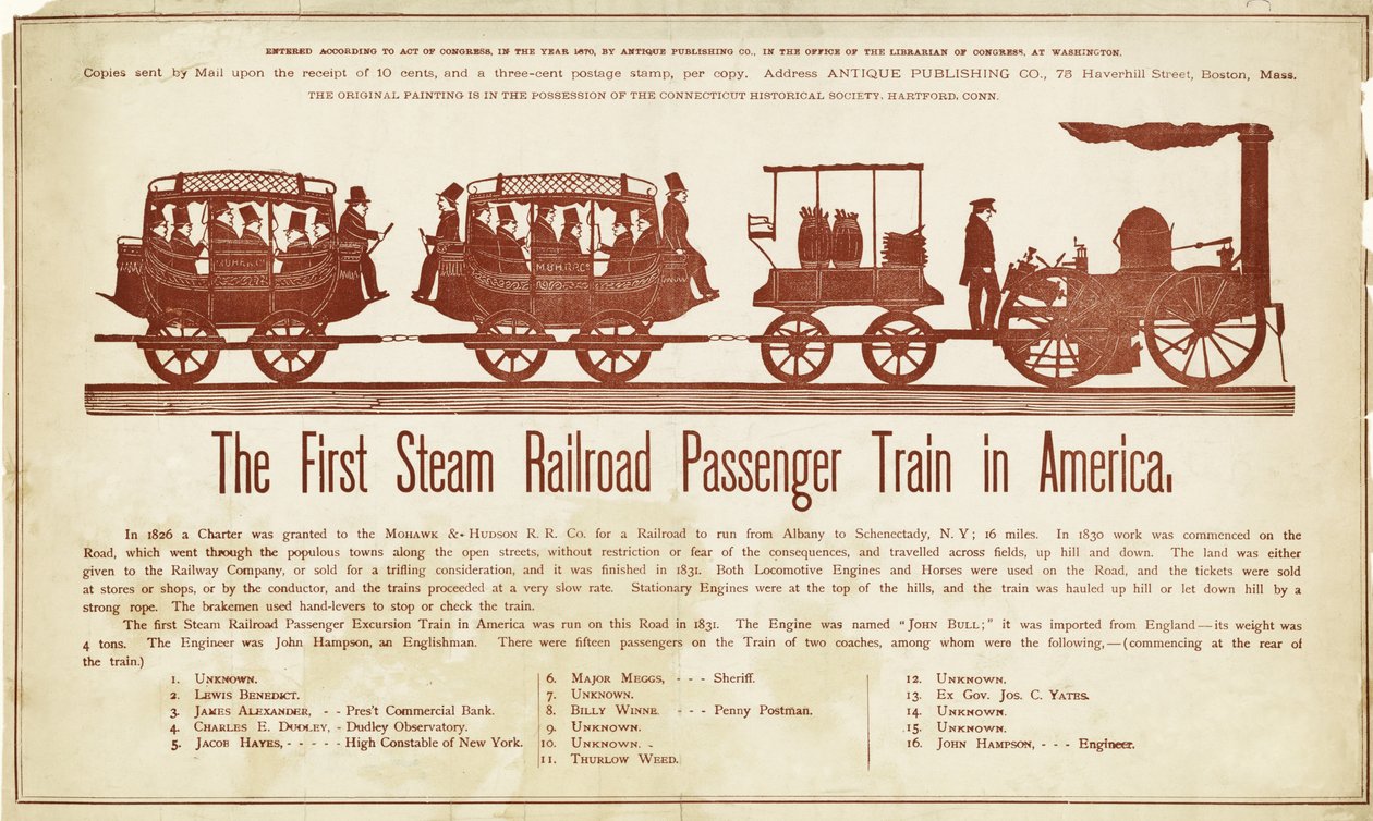 The First Steam Railroad Passenger Train in America, publicerad c.1870 (träsnitt i färg) av American School