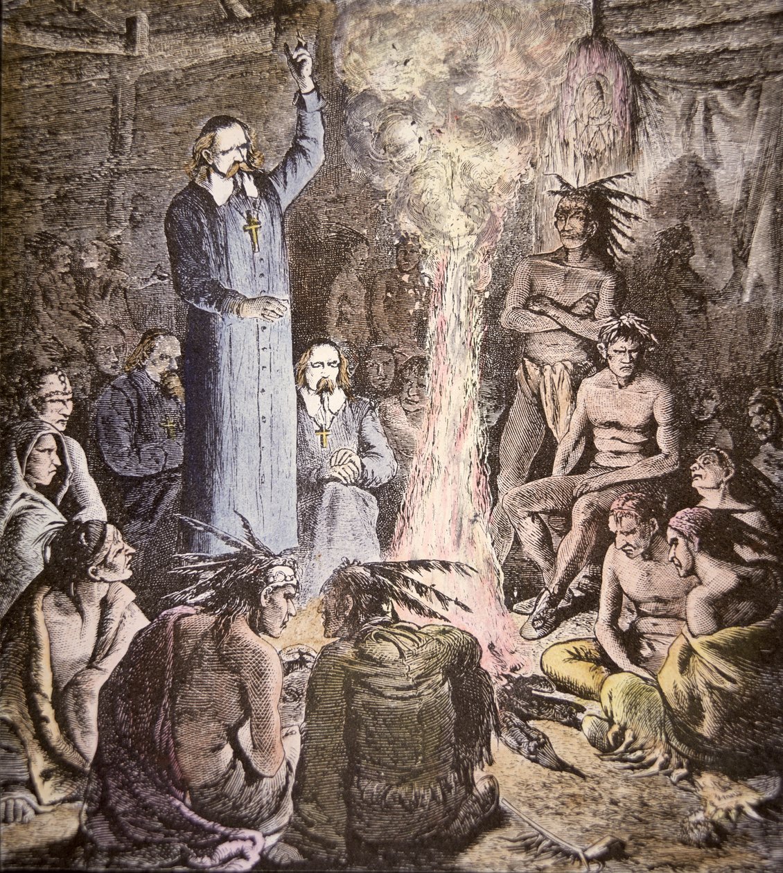 Den franske jesuitmissionären Brebeuf bland Algonquins (färg litho) av American School