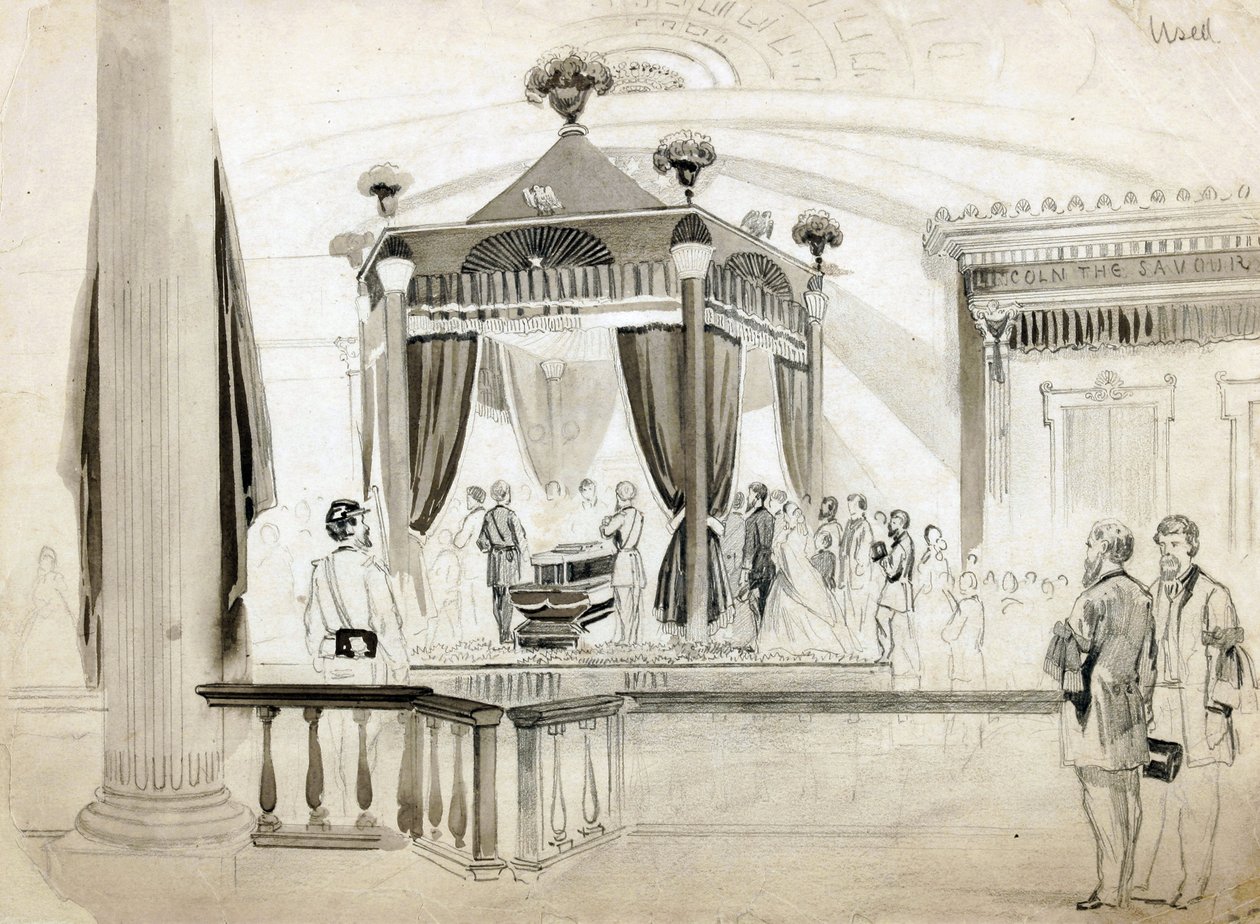 The Funeral Catafalque at Springfield, Illinois, illustration för Frank Leslies Illustrated Newspaper, 1865 (penna, bläck och tvätt på papper) av American School
