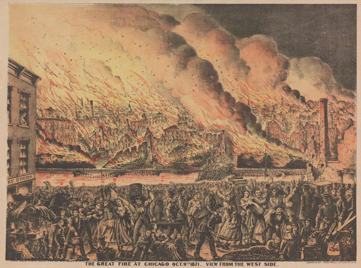 The Great Fire at Chicago, 9 oktober, vy från västra sidan, 1871 av American School