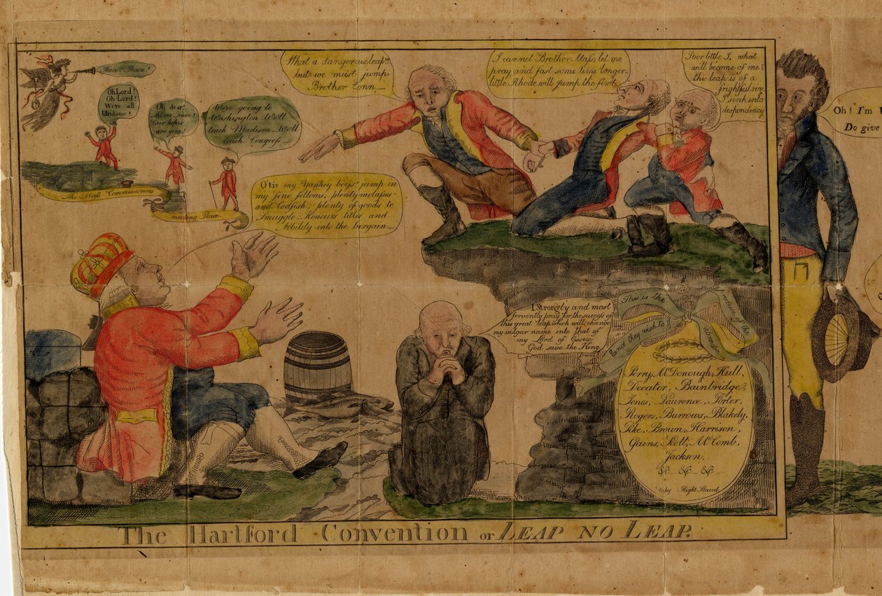 Hartfordkonventionen, eller Leap no Leap, 1815 (handfärgad gravyr) av American School