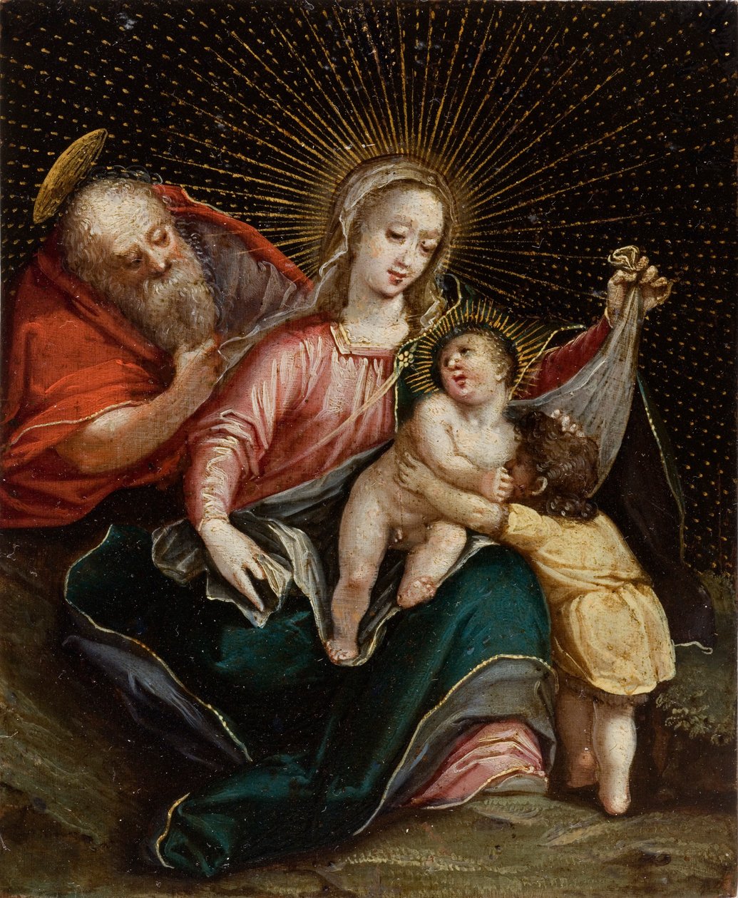 Den hellige familie med Johannes Døberen, 1700-tallet (olie med guld på kobber) swed av American School