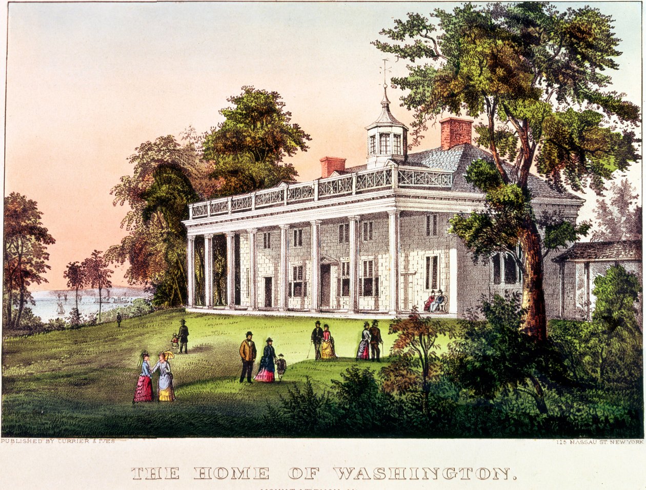 The Home of George Washington, Mount Vernon, Virginia, publicerad av Nathaniel Currier (1813-88) och James Merritt Ives (1824-95) av American School