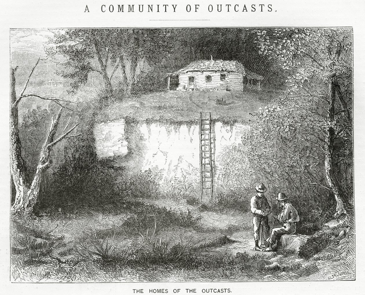 The Homes of the Outcasts, illustration till en långfilm, A Community of Outcasts, från Appletons Journal, 23 mars 1872 av American School