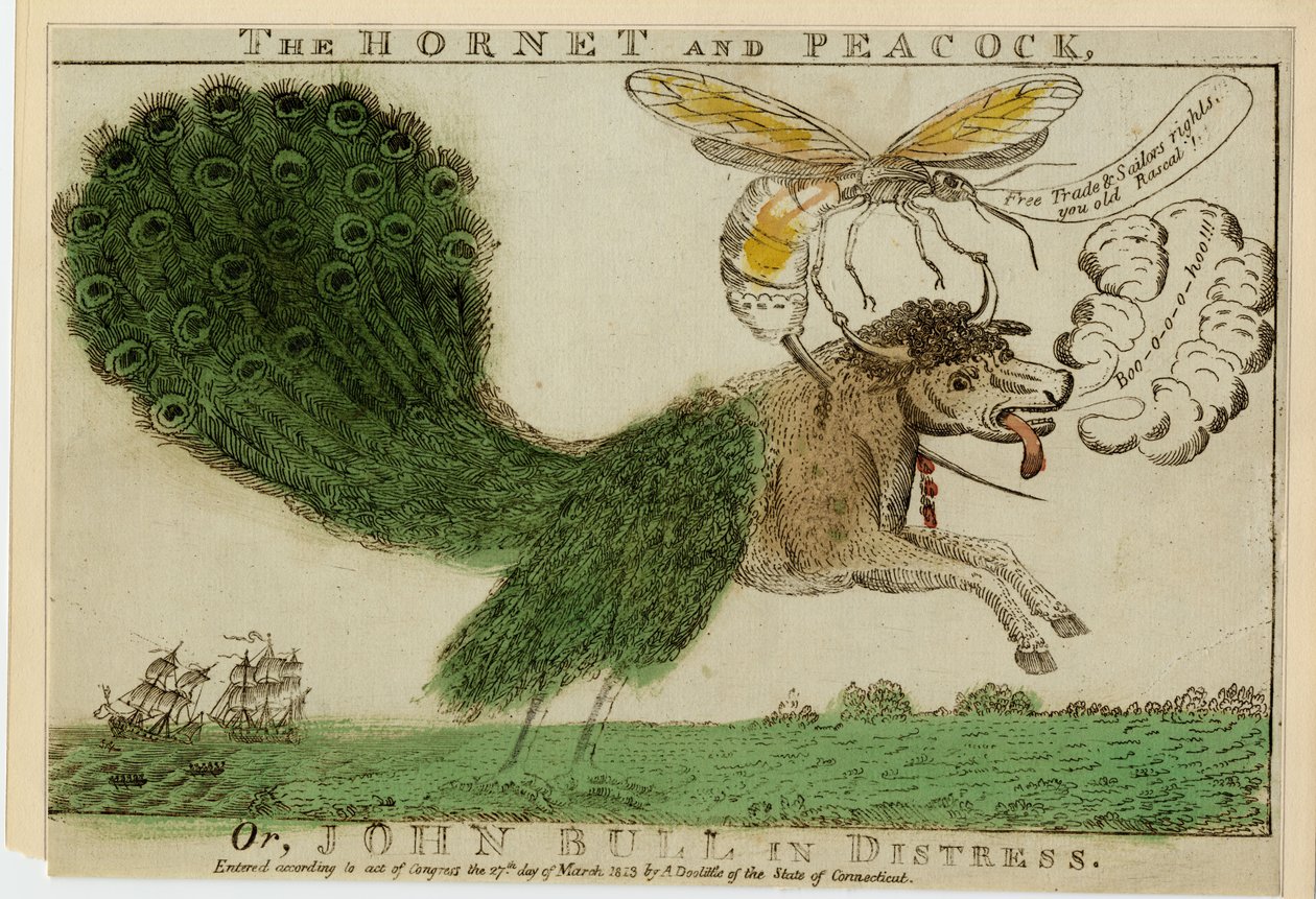 Hornet and Peacock, eller John Bull i nöd, 1813 (etsning med gravyr) av American School