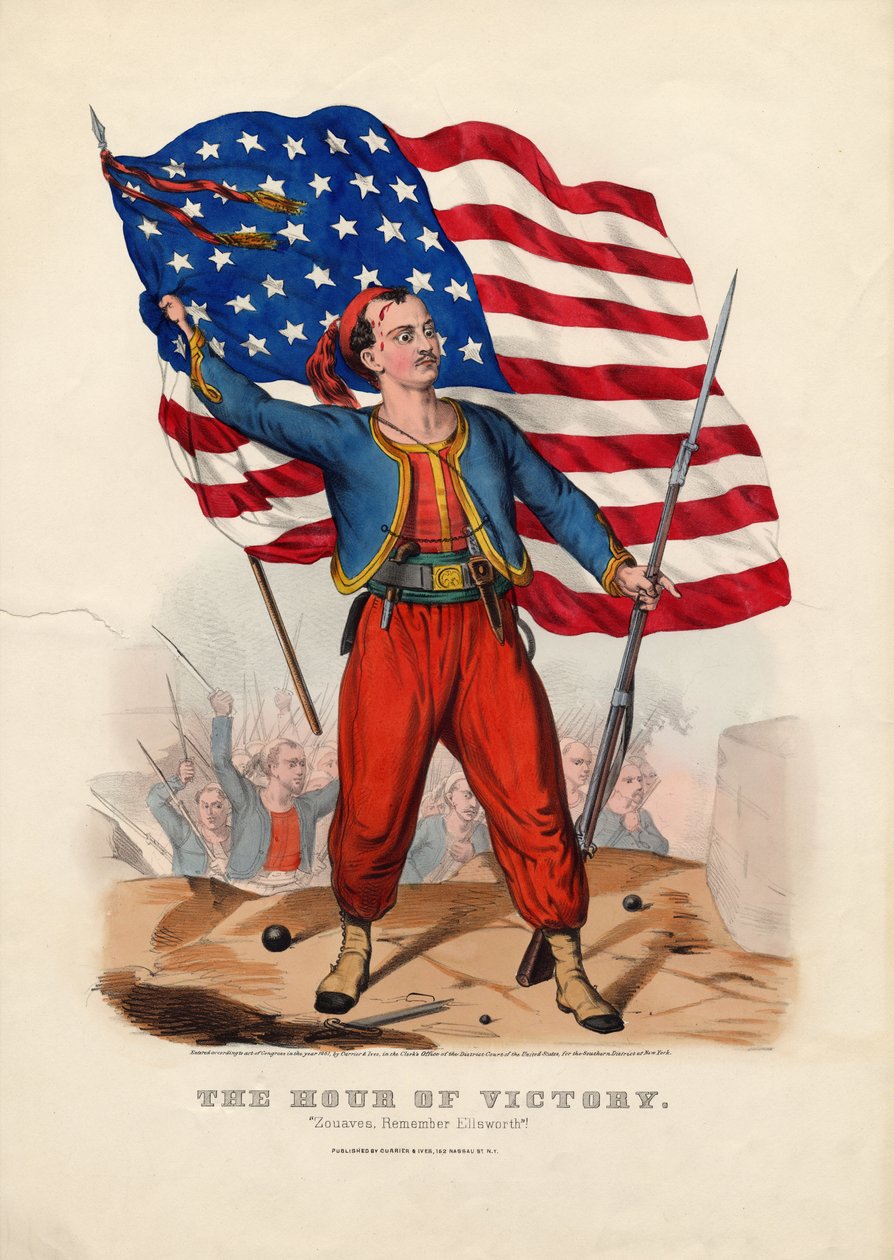 The Hour of Victory: Zouaves, remember Ellsworth!, pub. av Currier & Ives, 1861 av American School