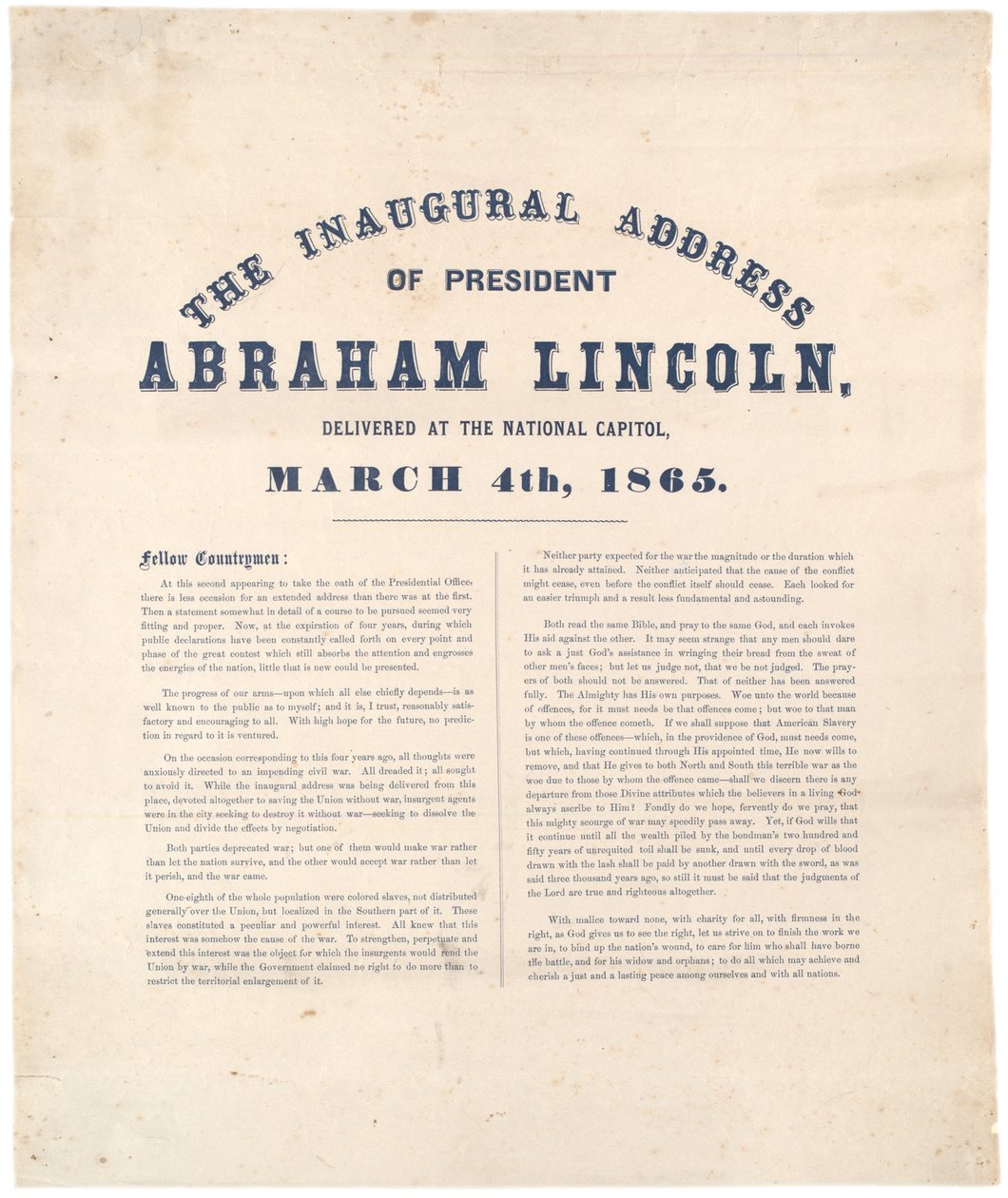President Abraham Lincolns invigningstal hölls på National Capitol, 4 mars 1865 av American School