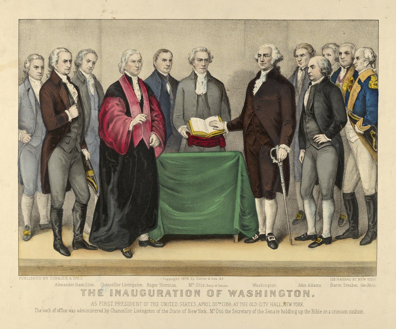 Invigningen av Washington som USA:s förste president, 30 april 1789, vid Old City Hall, New York, pub.1876 (färg litho) av American School