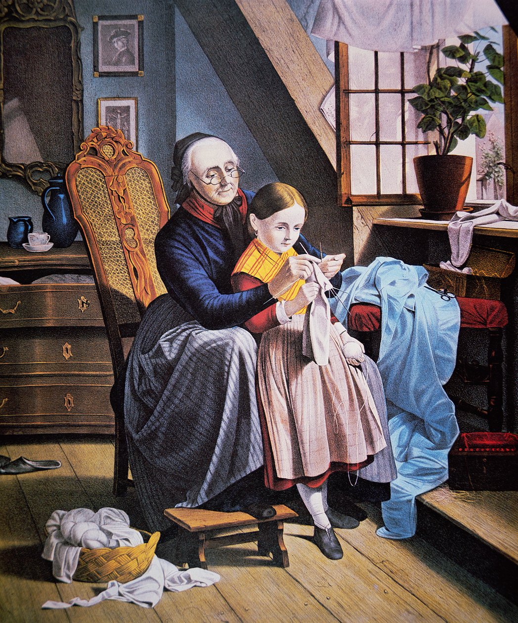 The Knitting Lesson, publicerad av Currier & Ives av American School