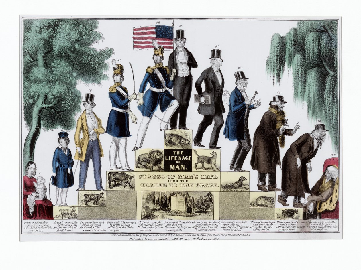 Människans liv och ålder, stadier av människans liv från vaggan till graven, pub. C 1848 (handfärgad gravyr) av American School
