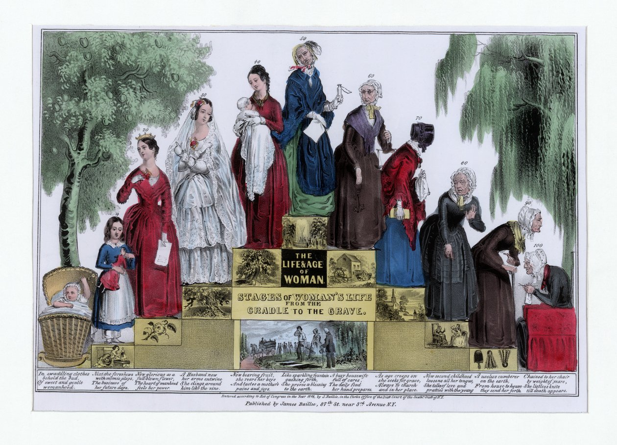 The Life and Age of Woman, Stadier av kvinnans liv från vaggan till graven, pub. C 1848 (handfärgad gravyr) av American School