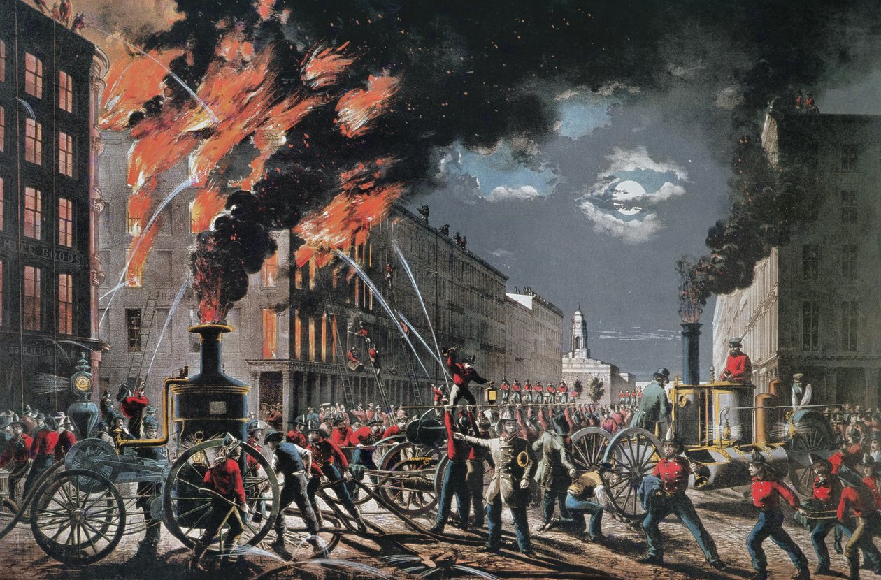 The Life of a Fireman (New York Volunteer Fire Department), publicerad av Currier & Ives av American School