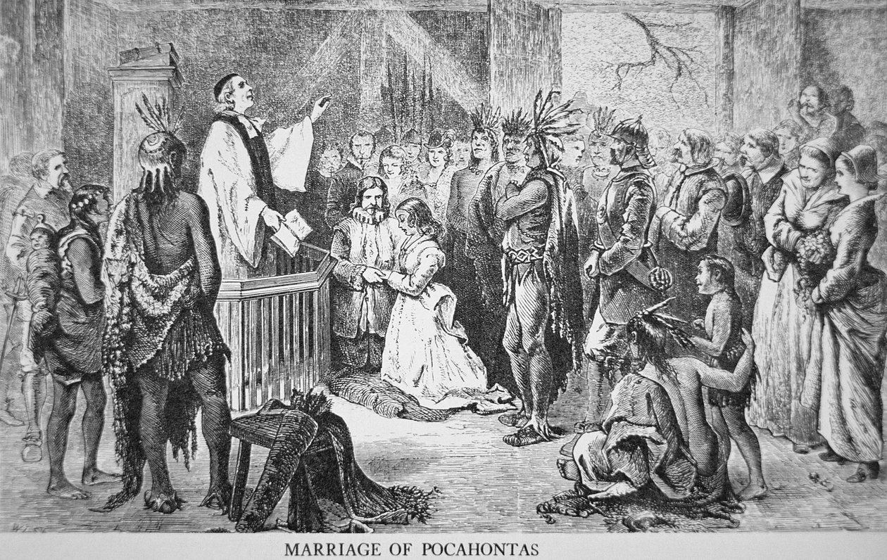 Pocahontas bröllop (ca 1595-1617) 1614 (gravyr) av American School