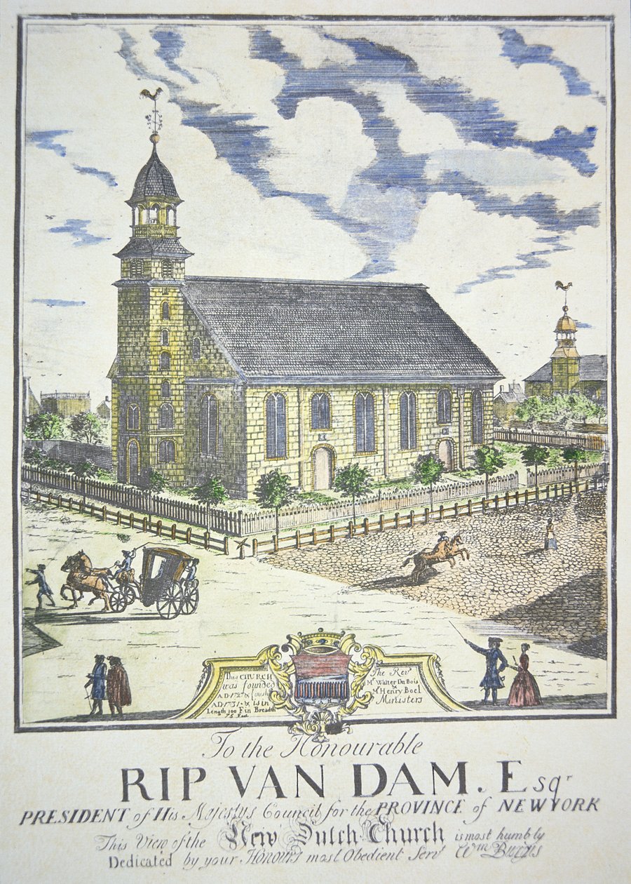 New Dutch Reformed Church, byggd i hörnet av Nassau- och Liberty-gatorna, New York City, 1731 (färgad gravyr) av American School