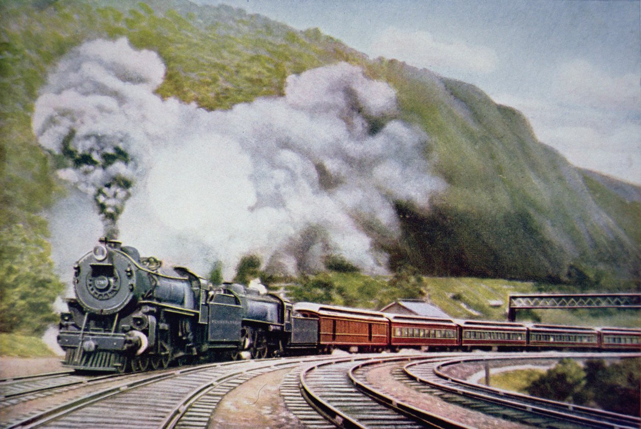 New York till Chicago Express vid Horse-Shoe Curve, Alleghany, ca 1930 (lito i färg) av American School