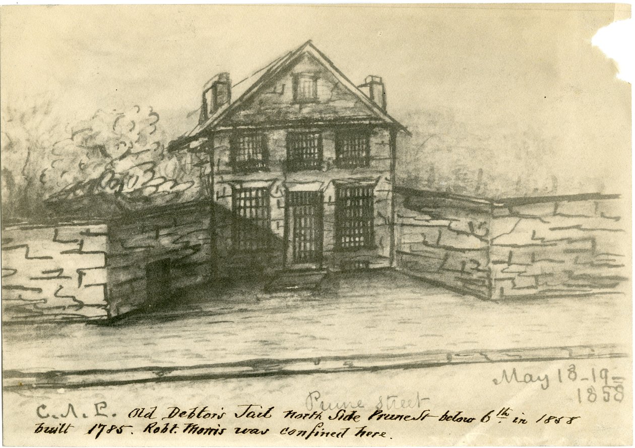 The Old Debtors Jail, Side of Prune St. under 6th, illustration från Castner Scrapbook, 1858 (photo-litho) av American School